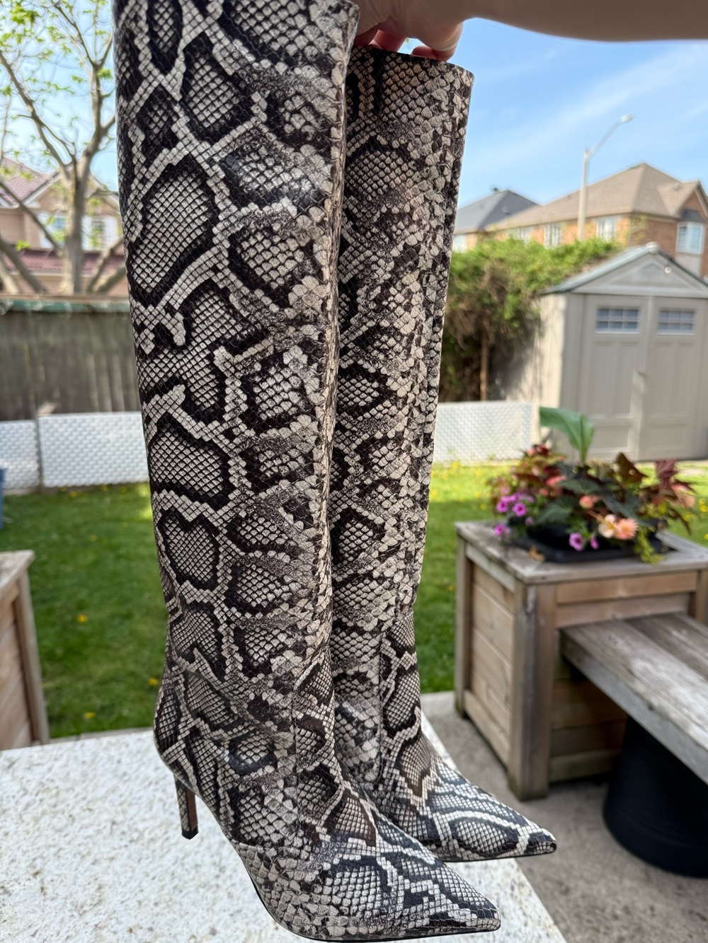 Snake-Print Knee-High Stiletto Boots